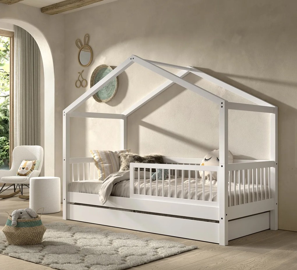 Set Mobilier Camera Copii Forrest Beech, Pat Căsuță 90x200 cm, Sertar Pat și Barieră Suplimentară, din Lemn Masiv de Fag, Alb – Vipack