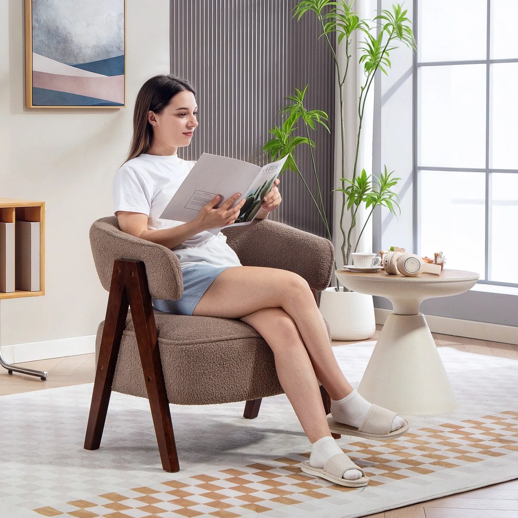 HOMCOM Fotoliu de salon din material bouclé, scaun căptușit, șezut larg, spătar ergonomic, 70 x 64 x 71 cm, maro | Aosom Romania