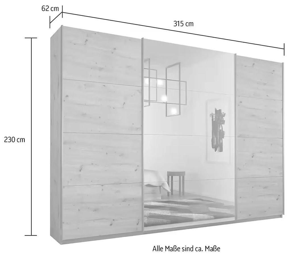 Dressing 315 cm lungime, 3 uși glisante, oglindă pe mijloc, culoare gri antracit, compartimentare premium, 230 cm înălțime