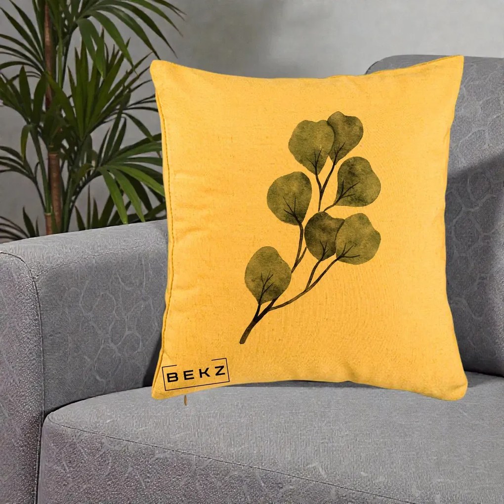 Perna Decorativa Ramura Eucalipt Acuarela, 40x40 cm, Galben, Husa Detasabila, Perna Inclusa, BEKZ®