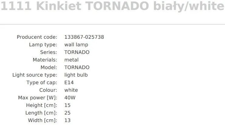 Aplica de perete design modern Tornado alb