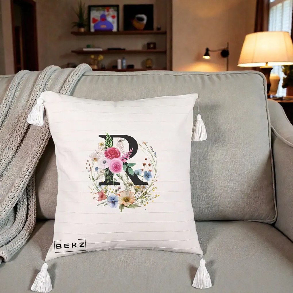Cadou Personalizat - Perna Personalizata Monogram Litera R cu Flori Acuarela, 40x40 cm, Bej cu Franjuri, Husa Detasabila, Perna Inclusa, BEKZ®