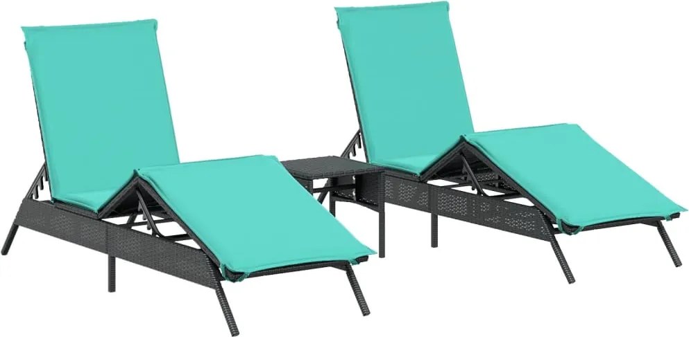 vidaXL Șezlonguri de plajă cu masă, 2 buc., negru, poliratan