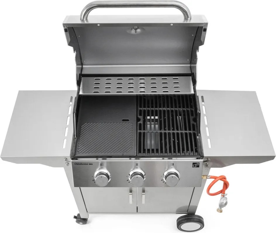 Grătar pe gaz OKLAHOMA BBQ, 3 arzătoare, cu regulator de presiune, argintiu Penta CZ