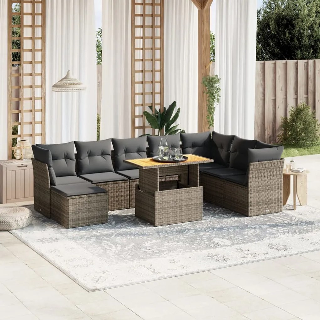 vidaXL Set canapele de grădină, 9 piese, cu perne, gri, poliratan