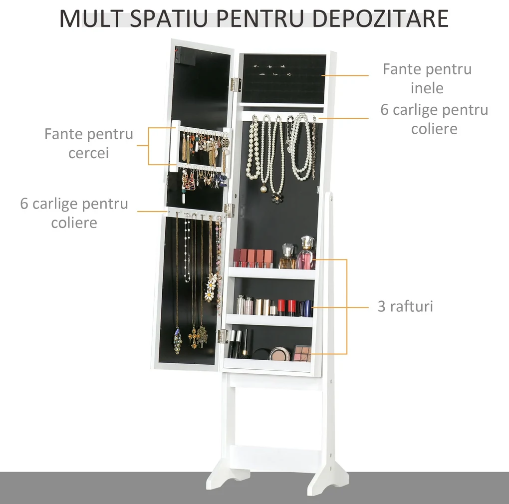 Dulap cu oglinda HOMCOM, pentru bijuterii, spatiu mare de stocare, MDF 36x30x136cm | Aosom RO