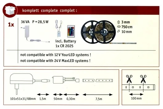 Bandă dimabilă LED RGB/26W Paulmann 78979 SIMPLED 7,5m 230V + telecomandă