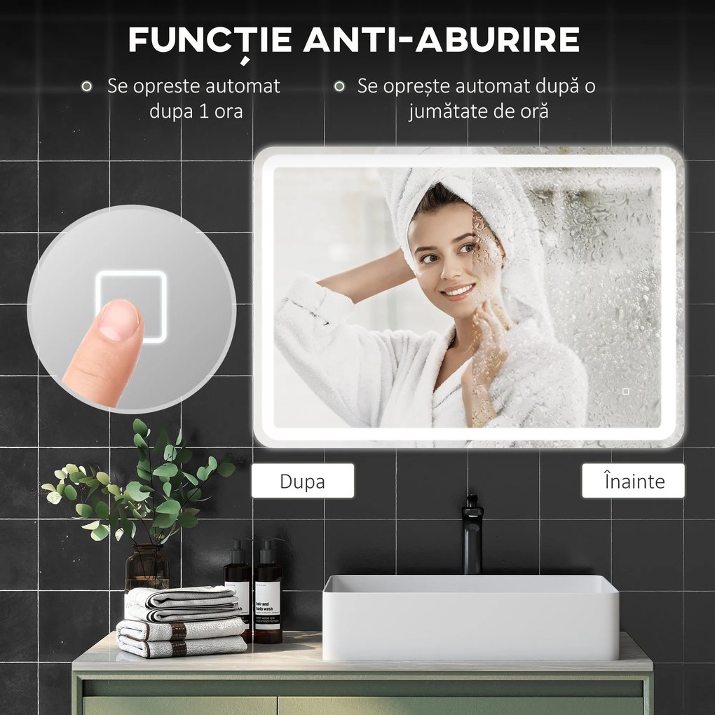 kleankin Oglinda pentru Baie cu Lumini LED, 70x50 cm, Argintiu | Aosom Romania