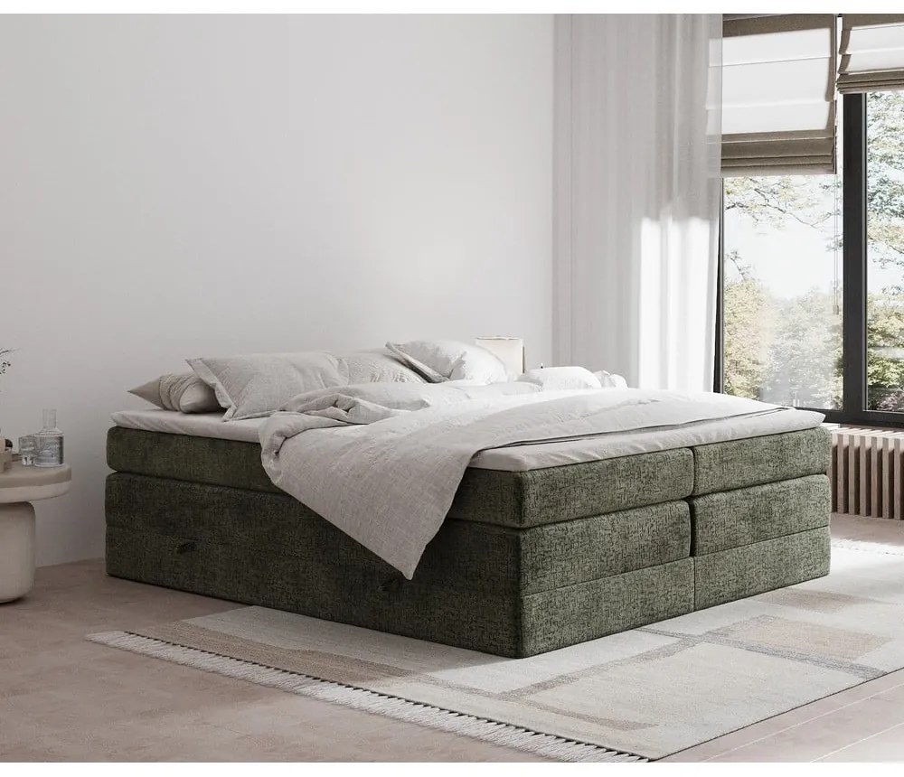 Pat boxspring verde închis cu spațiu de depozitare/fără tăblie 160x200 cm Juniper – Maison de Rêve