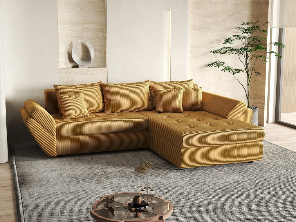 Colțar extensibil dumonde cu ladă de depozitare si sezut confortabil din spuma high-density, Loana Zoom Mustar II 270x185 cm