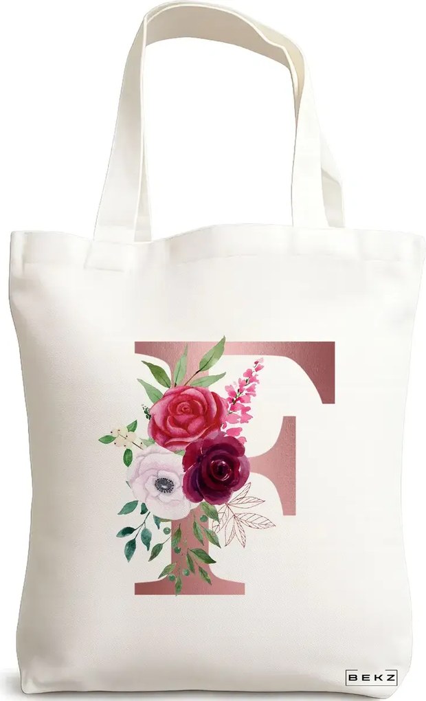 Sacosa de Panza pentru Cumparaturi, Geanta Tote, Cu litera F Rose Gold si Trandafiri, 38x34.5 cm, Alba, BEKZ®