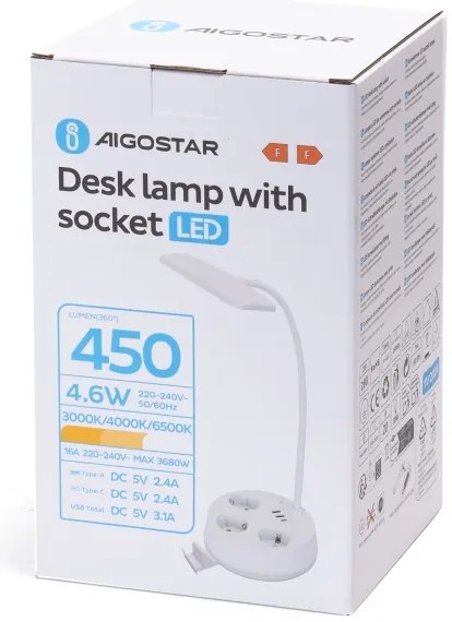 Aigostar - Lampă de birou LED dimabilă cu prize și port USB LED/4,6W/230V albă