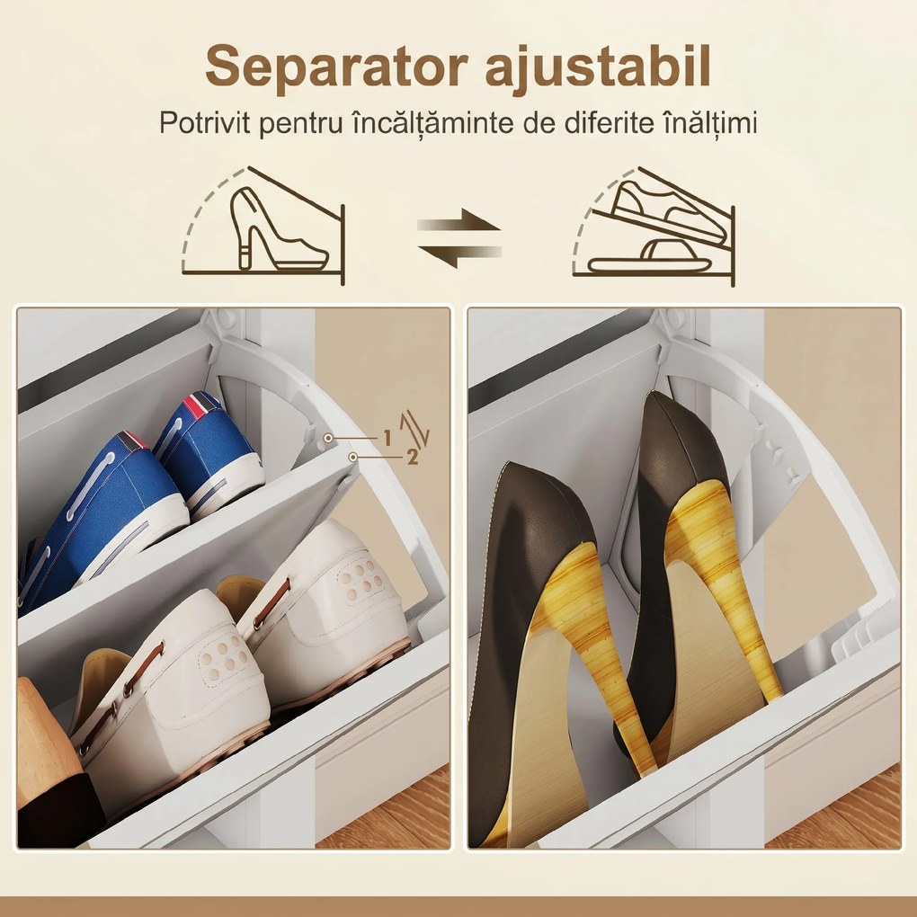 HOMCOM Dulap de pantofi subțire în stil Boho cu 2 sertare rabatabile, pentru 14 perechi de pantofi, Alb | Aosom Romania