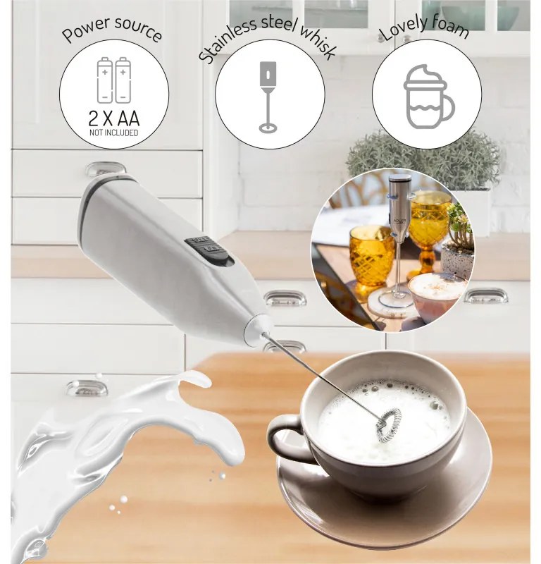 Mixer Frappe Adler AD 4500, Agitator și corp din oțel inoxidabil, 2xAA, Argintiu