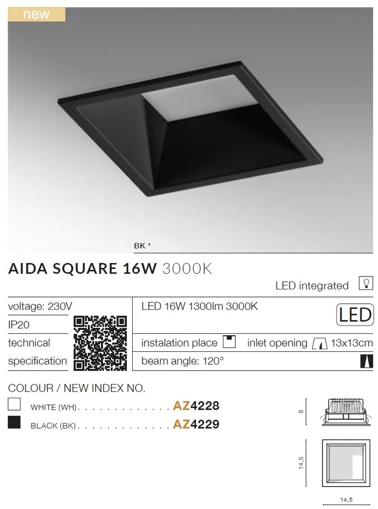 Spot LED incastrabil tavan/plafon AIDA SQUARE 16W alb