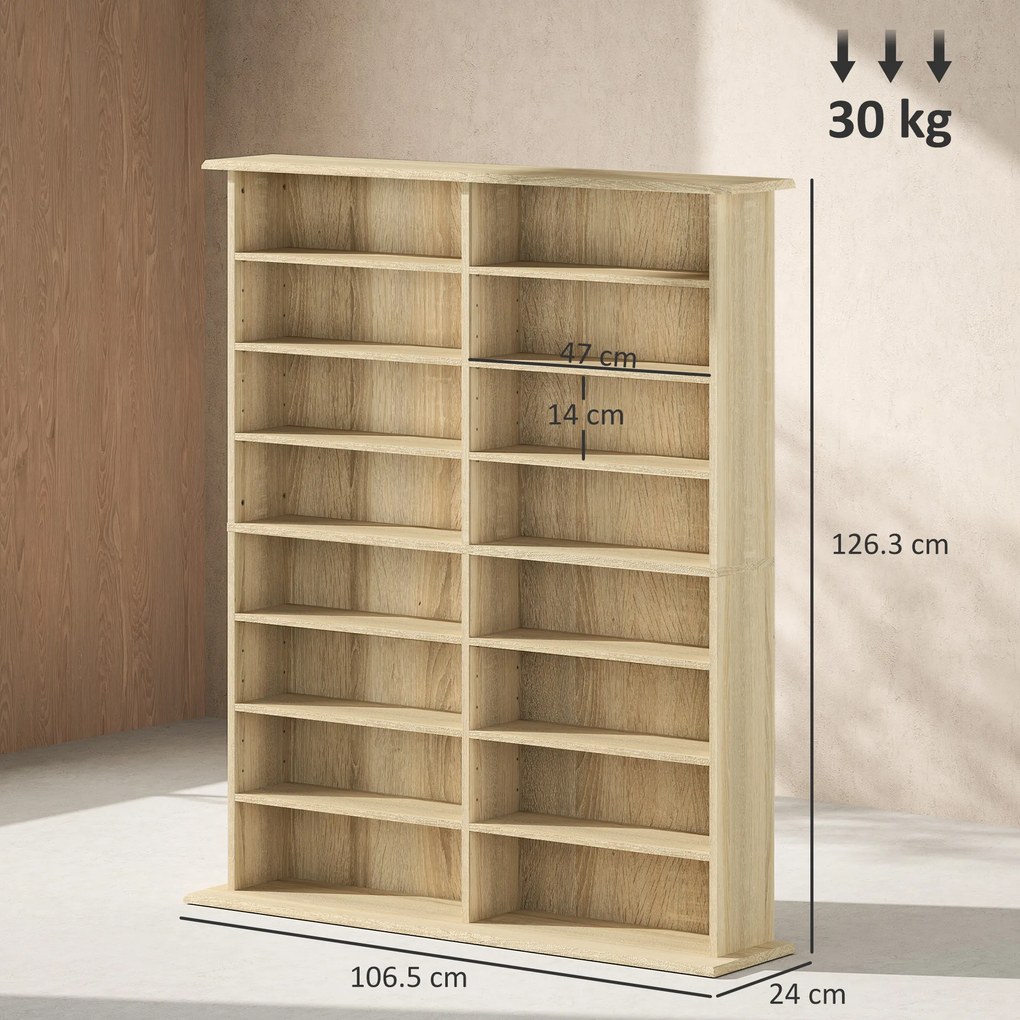 HOMCOM Dulap Bibliotecă pentru CD-uri cu 16 Rafturi, Design Modern, din Lemn, 106,5x24x126,3 cm, Natur | Aosom Romania