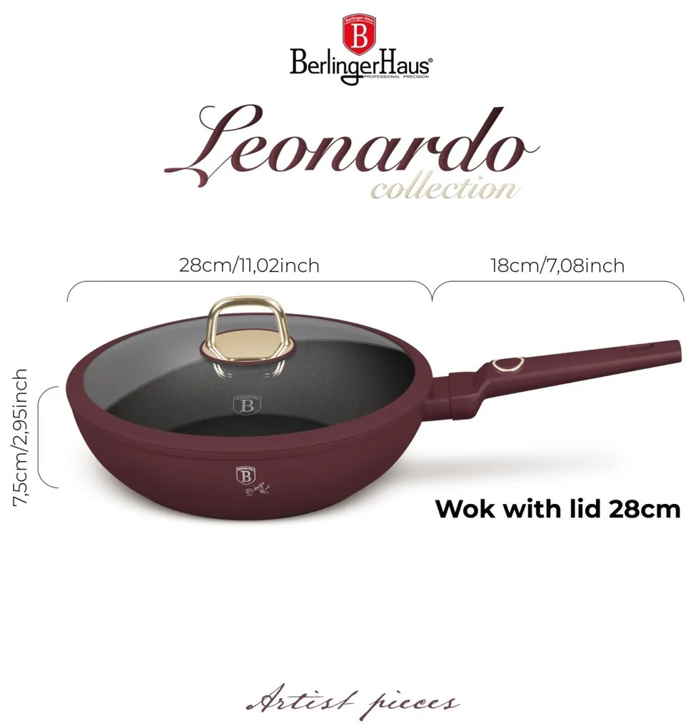 Tigaie wok cu capac Leonardo Collection Berlinger Haus BH 8034, 28 cm, 3.2 litri, antiaderente, strat titan, visiniu mat