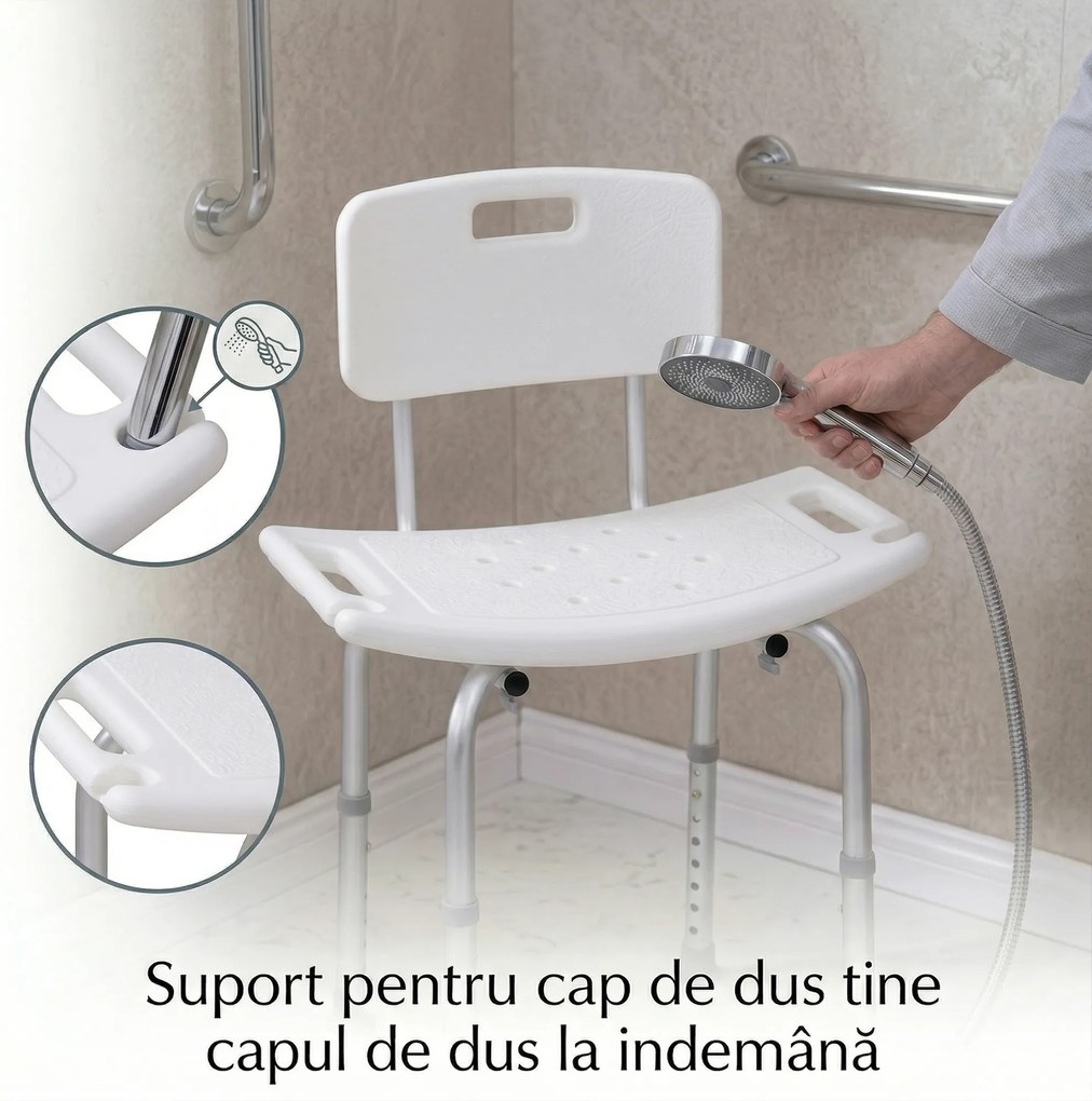 HOMCOM Scaun de Duș Antiderapant cu Spătar și Înălțime Reglabilă pe 8 Poziții, 50,6x43x71-88 cm, Alb | Aosom Romania