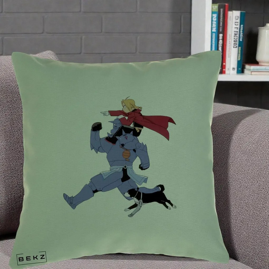 Perna Personalizata Fullmetal Alchemist Edward si Alphonse, 40x40 cm, Verde, Husa Detasabila, Perna Inclusa, BEKZ®