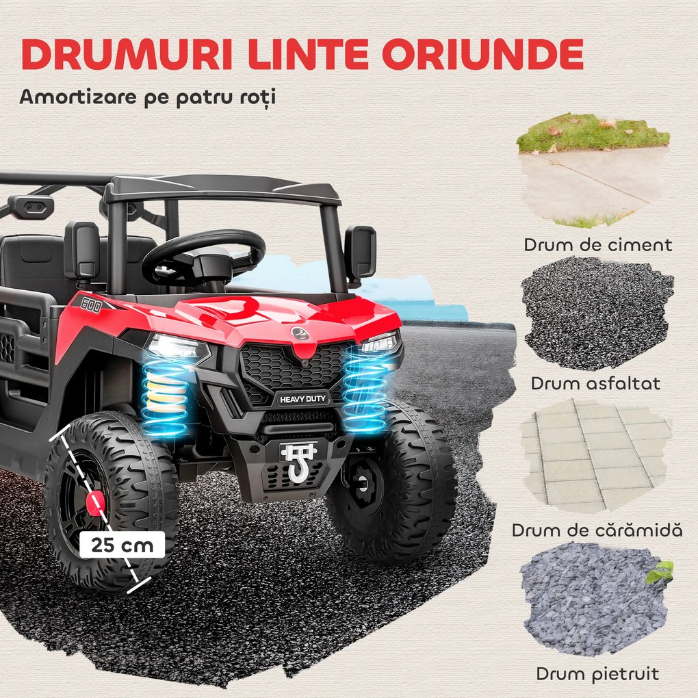 AIYAPLAY Mașină Electrică pentru Copii UTV 12V Off-road cu Portbagaj, 2 Motoare, Centură în 3 Puncte, Telecomandă, Suspensii, USB, Muzică, Lumini, 1.8-3.7 km/h, 3-8 Ani, Roșu | Aosom Romania