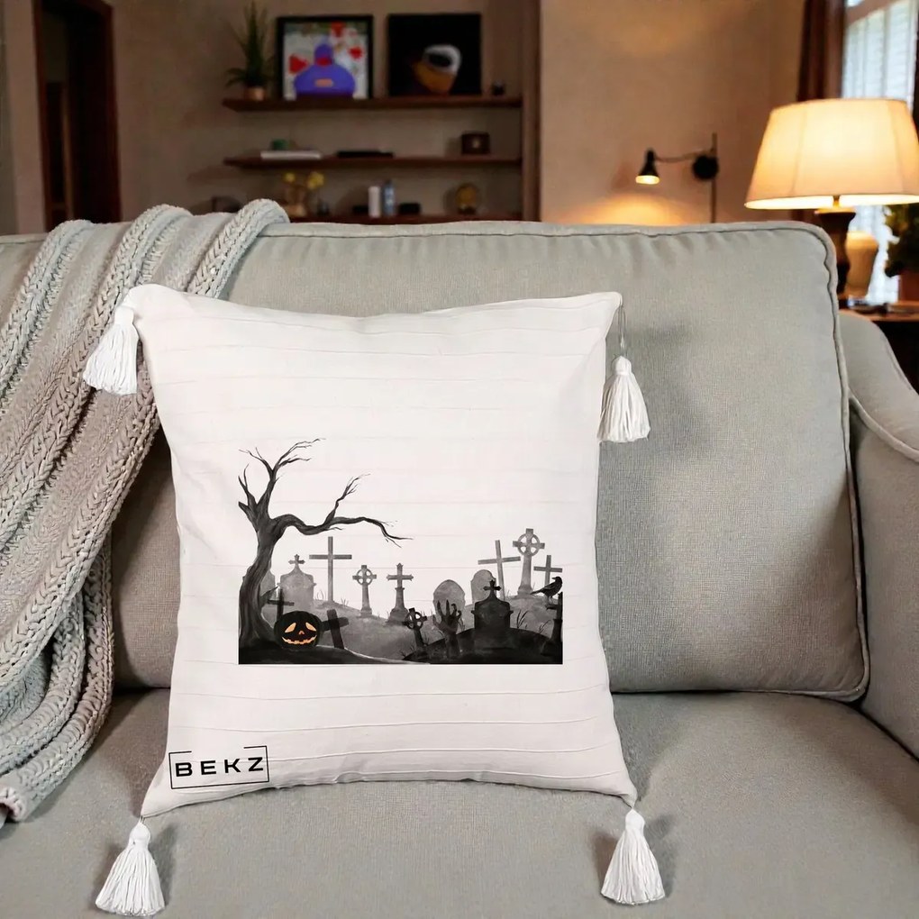Perna Decorativa Halloween Cimitir Acuarela cu Dovleac, 40x40 cm, Bej cu Franjuri, Husa Detasabila, Perna Inclusa, BEKZ®