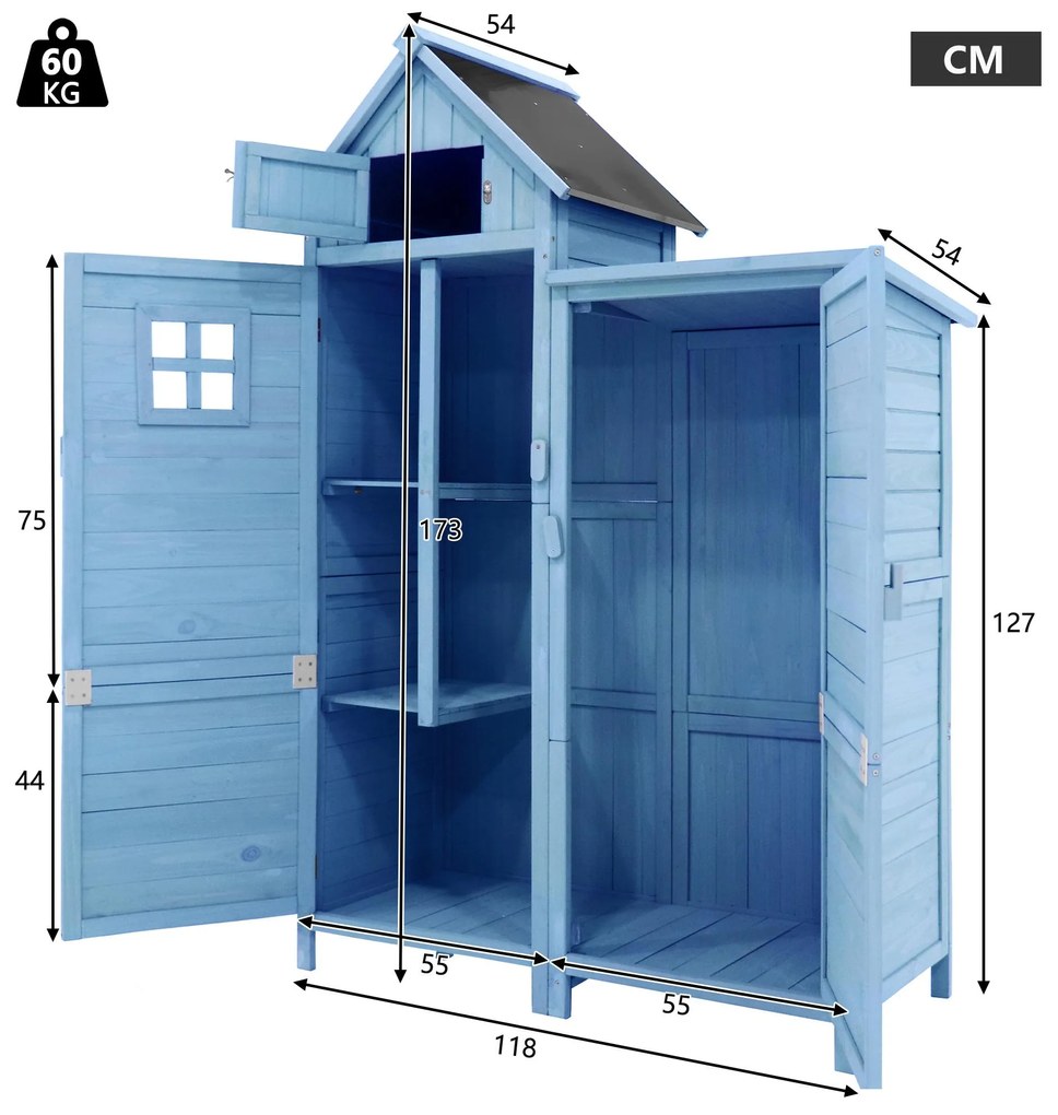 Dulap de grădină cu 2 rafturi, magazie de unelte cu spațiu mare de depozitare, 118 × 54 × 173 cm, Albastru