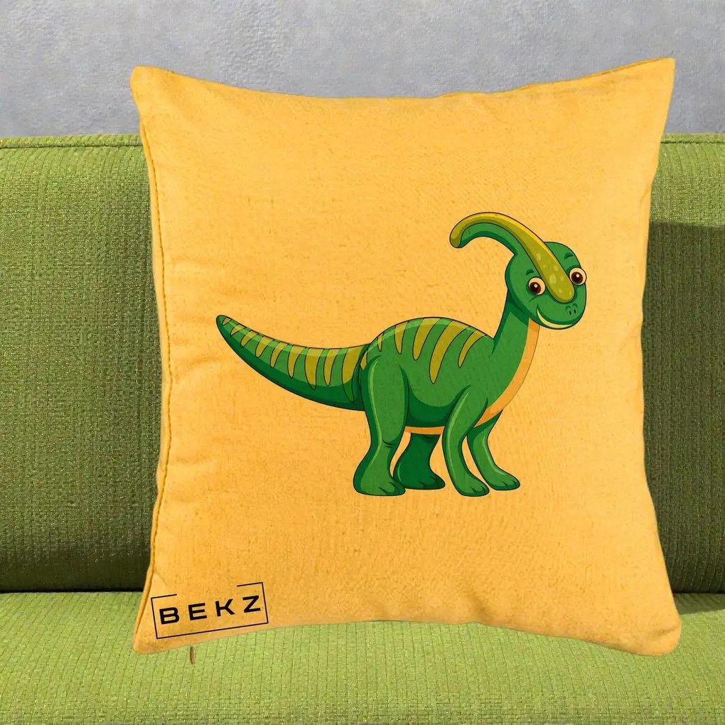 Perna Decorativa Parasaur Verde, 40x40 cm, Galben, Husa Detasabila, Perna Inclusa, BEKZ®