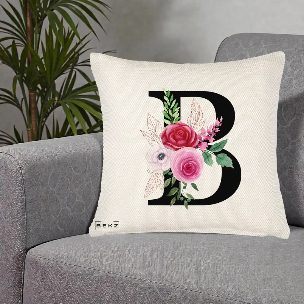 Cadou Personalizat - Perna Personalizata Monograma Florala Litera B, 40x40 cm, Crem Reliefat, Husa Detasabila, Perna Inclusa, BEKZ®