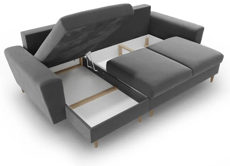 Colțar gri deschis extensibil, cu spațiu de depozitare cu tapițerie din catifea Kyoto – Cosmopolitan Design