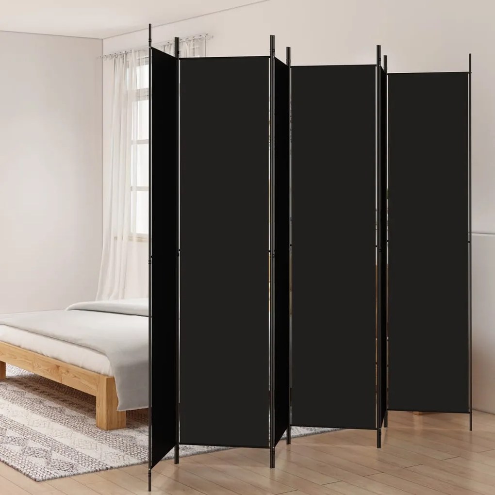 350209 vidaXL Paravan de cameră cu 6 panouri, negru, 300x220 cm, textil