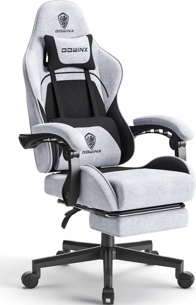 DOWINX 6658B - Scaun Gaming Ergonomic, Masaj in perna lombara, Șezut cu Arcuri Metalice și Spumă, Suport pentru picioare, Rabatabil 90°–135°, Rezistent 130 kg, Material textil, Negru/Gri
