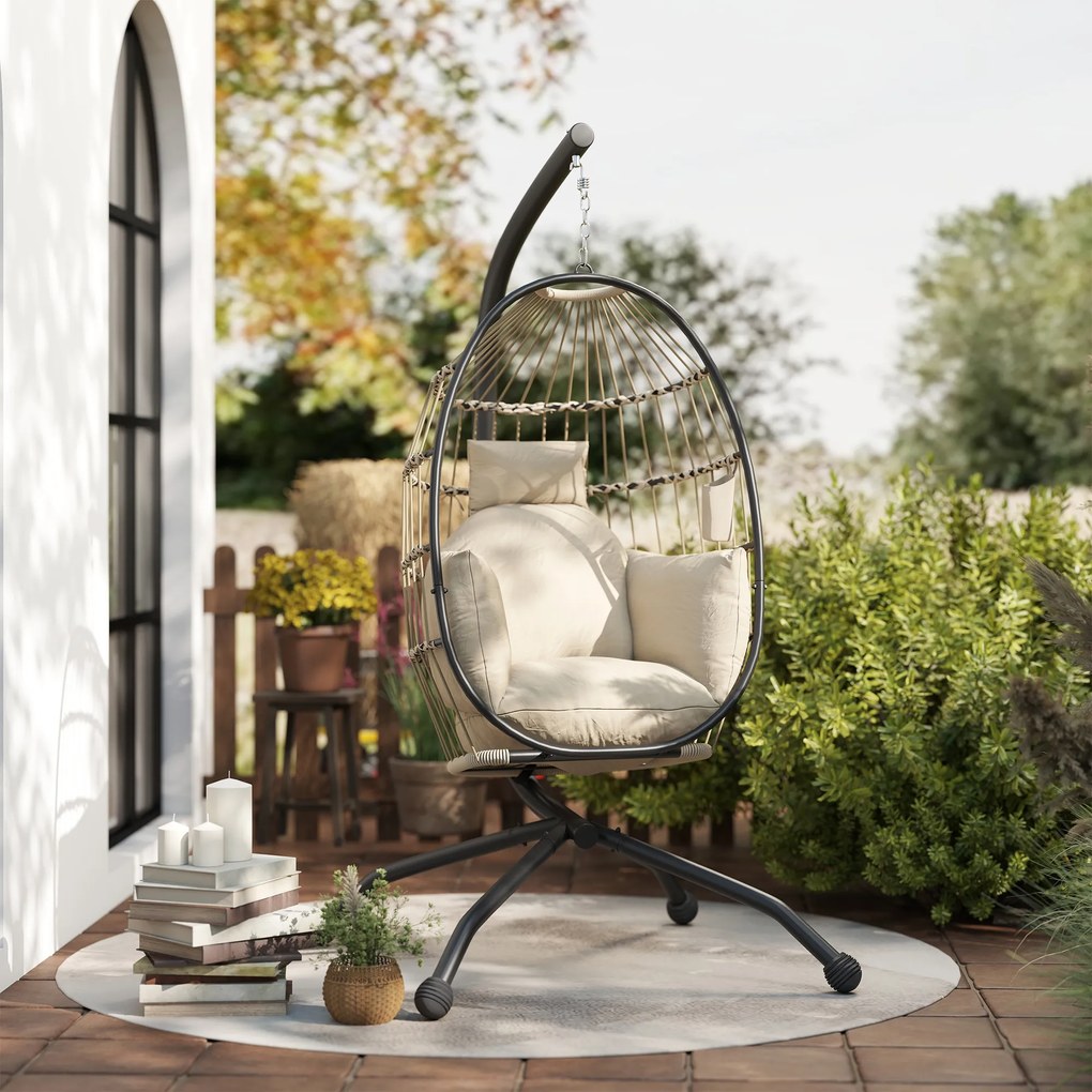 Outsunny Fotoliu Suspendat Tip Ou cu Lanț Reglabil, 2 Perne Detașabile și Suport pentru Pahare, Scaun Balansoar Pliabil pentru Grădină, Bază în X din Oțel, pentru Interior și Exterior, 120x88x192 cm, Bej | Aosom Romania