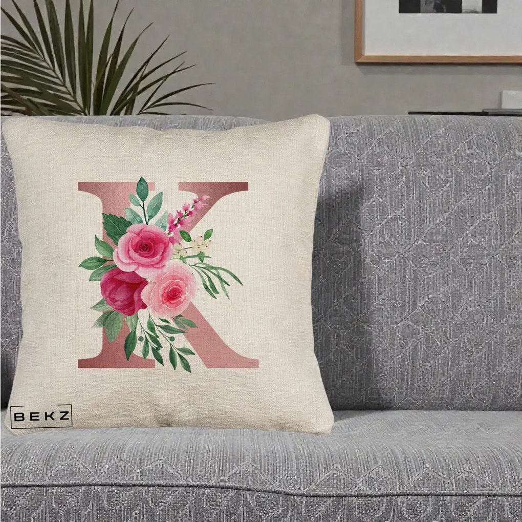 Cadou Personalizat - Perna Personalizata Monograma Rose Gold Litera K, 40x40 cm, Bej Canapea, Husa Detasabila, Perna Inclusa, BEKZ®