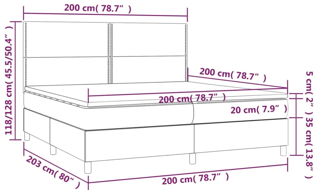 Pat cu arcuri, saltea si LED, bleumarin, 200x200 cm, catifea Albastru inchis, 200 x 200 cm, Culoare unica si cuie de tapiterie