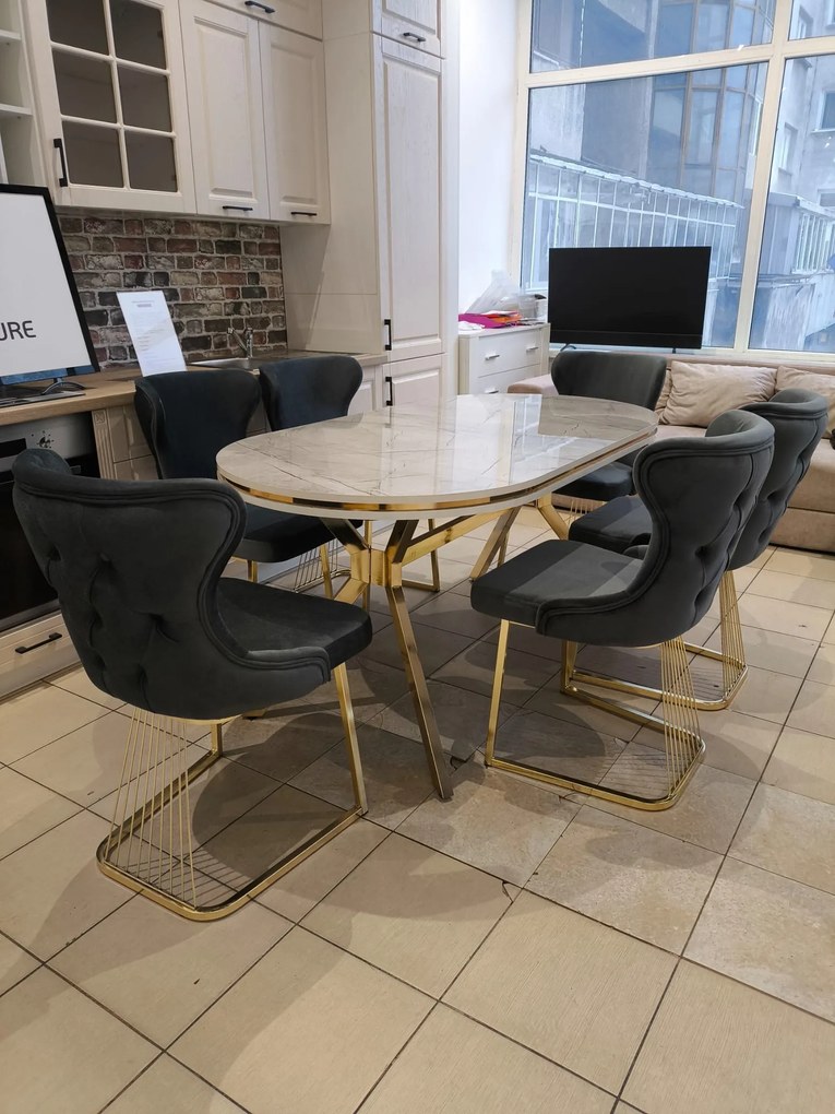 Set stella gri inchis/antracit cu auriu masa+ 6 scaune, blat gri