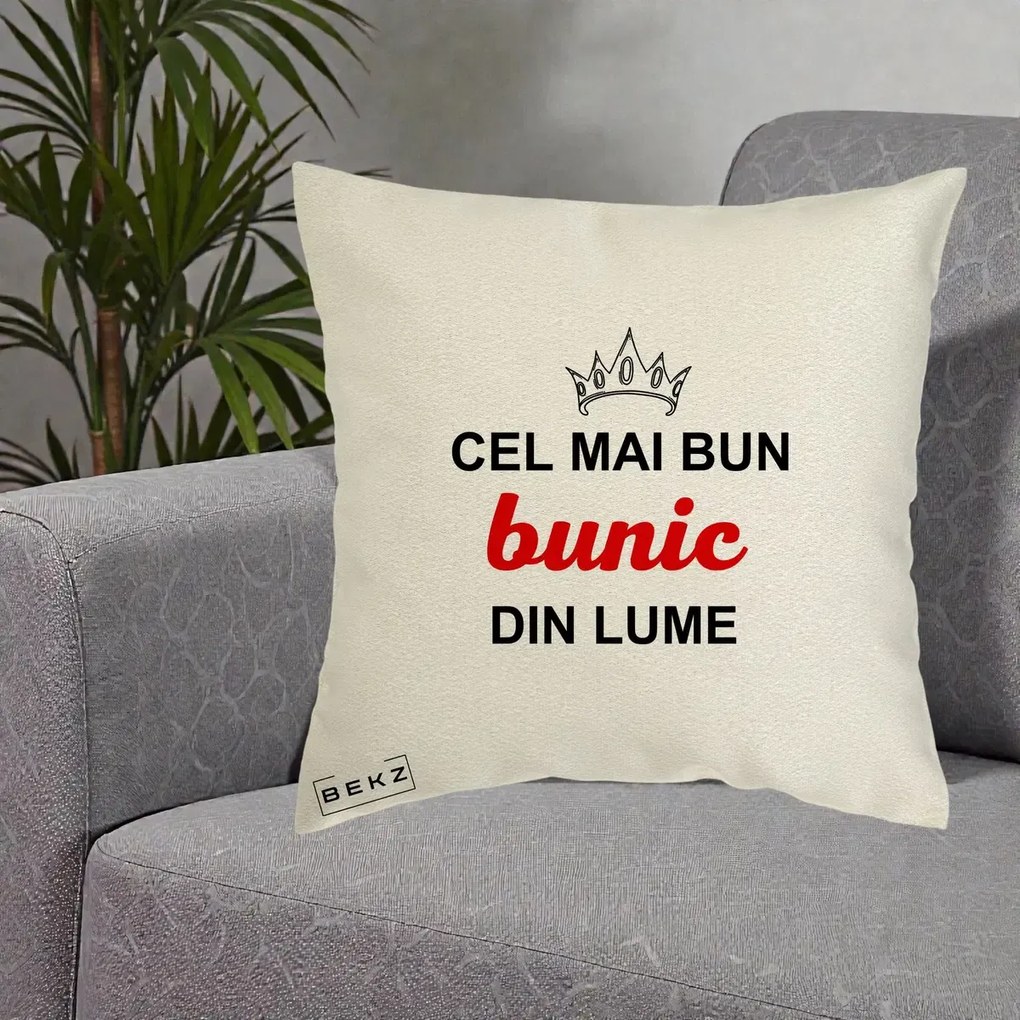Cadou pentru Bunic - Perna Personalizata Cel Mai Bun Bunic Din Lume Coroana Rosu, 40x40 cm, Ecru, Husa Detasabila, Perna Inclusa, BEKZ®