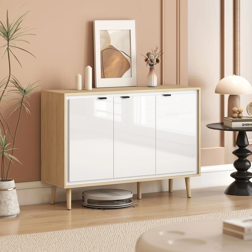HOMCOM Bufet Modern cu 3 Uși și Raft Reglabil 107x35x77cm Alb și Stejar | Aosom Romania