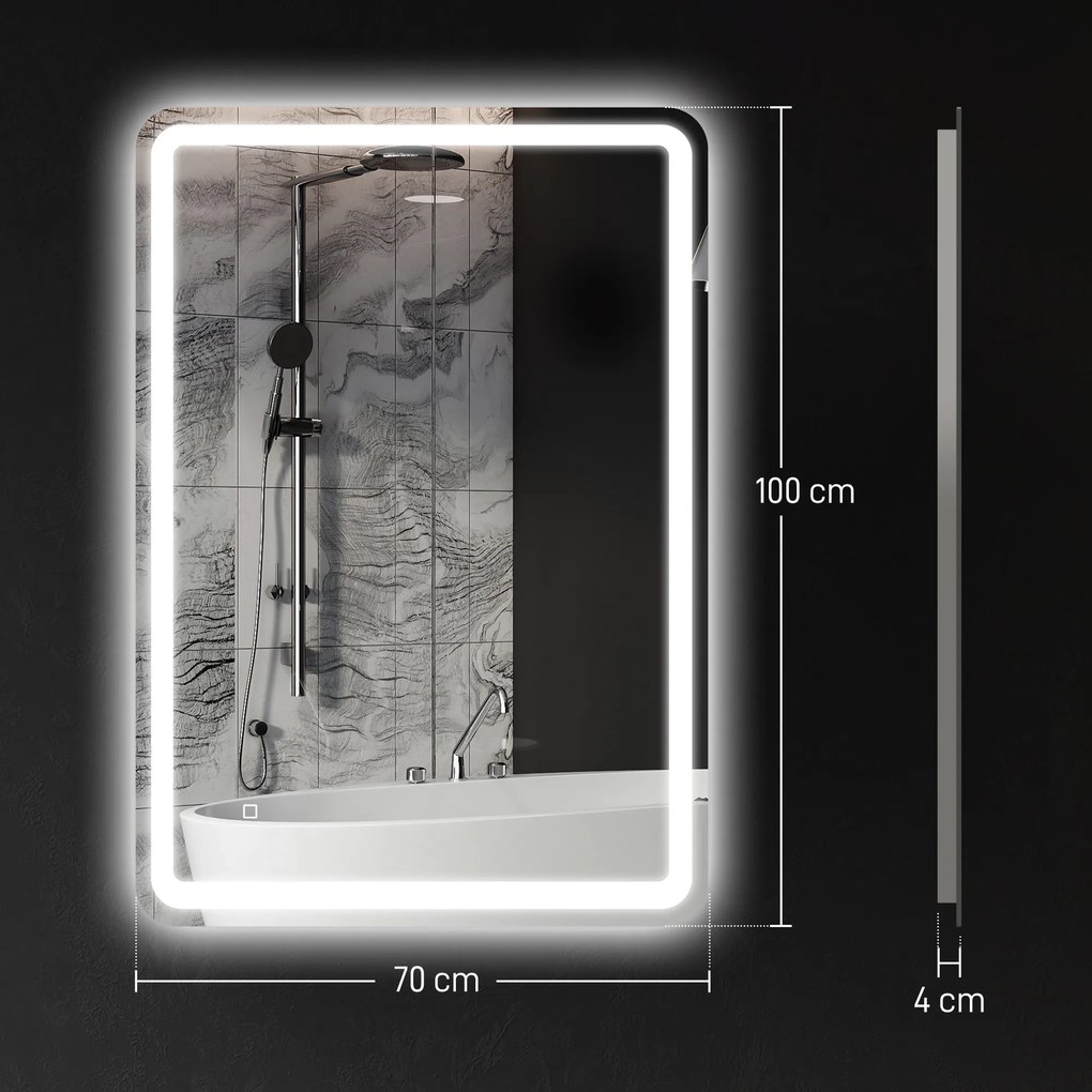 kleankin Oglinda pentru Baie cu Lumini LED, 70x50 cm, Argintiu | Aosom Romania