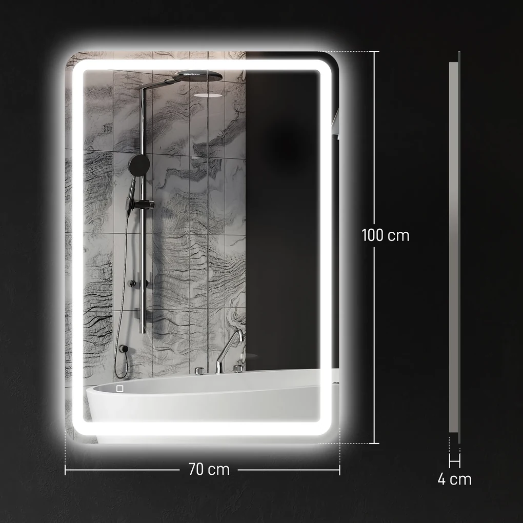 kleankin Oglinda pentru Baie cu Lumini LED, 70x50 cm, Argintiu | Aosom Romania