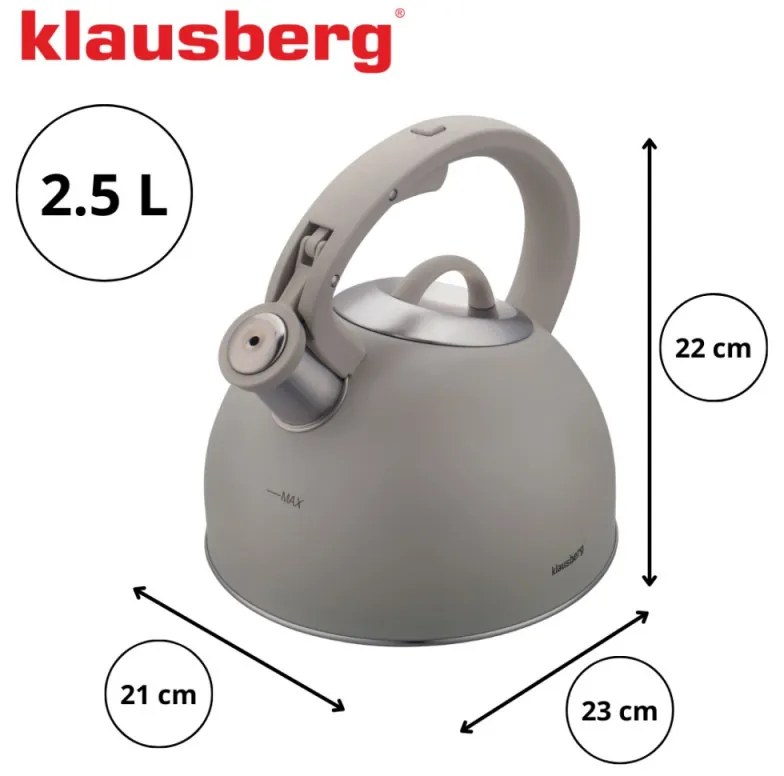 Ceainic cu fluier Klausberg KB-7912, 2.5 l, Maner cu efect de lemn, Inductie, Gri deschis