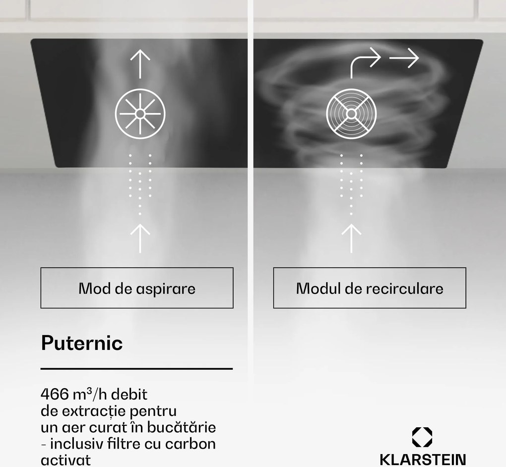 Klarstein Hektor Eco, hotă, 72 cm, 466 m³/h, control tactil, sticlă