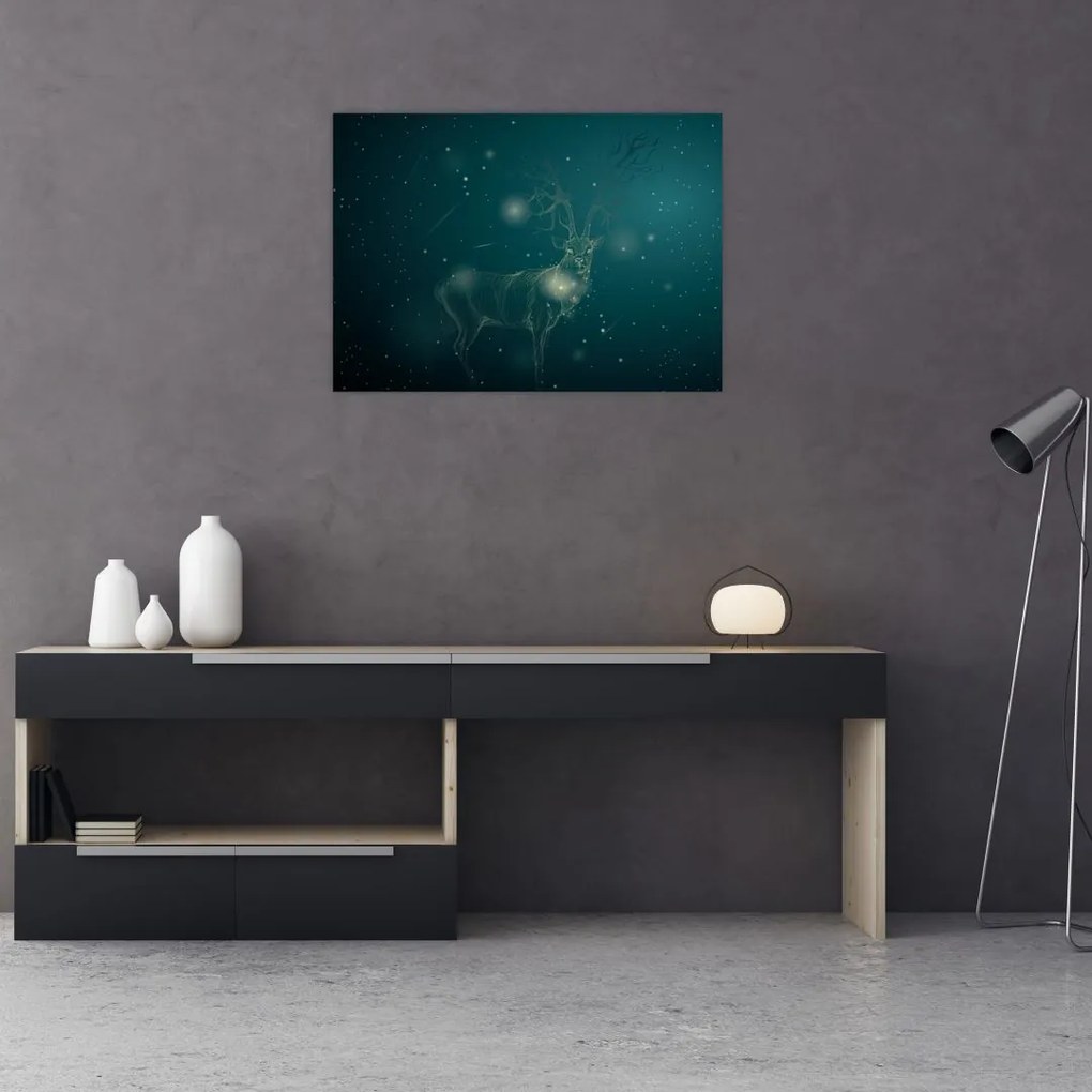 Tablou pe sticlă - Cerb magic noaptea (70x50 cm)