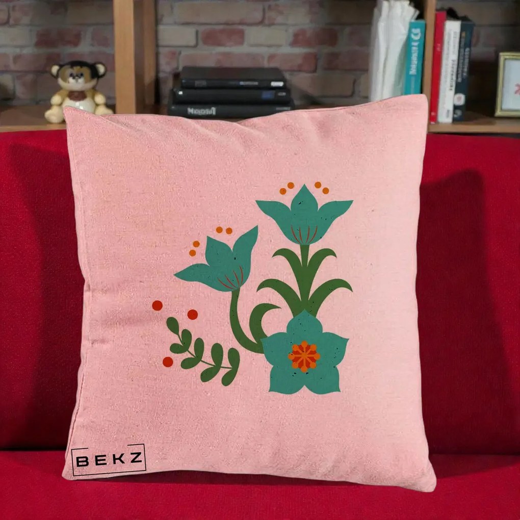 Perna Decorativa Flori Stilizate Folk Turcoaz, 40x40 cm, Roz, Husa Detasabila, Perna Inclusa, BEKZ®