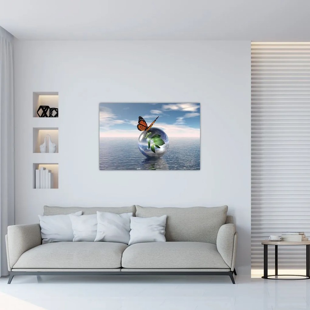 Tablou cu fluture pe bilă din sticlă (90x60 cm)