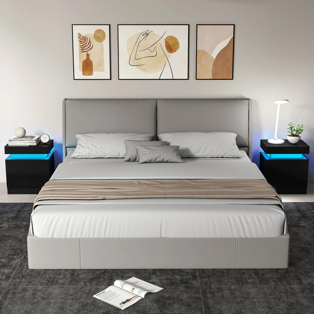 HOMCOM Set 2 Noptiere cu LED și 4 Moduri, 2 Sertare, Lemn, 45x35x52 cm, Negru Lucios | Aosom Romania