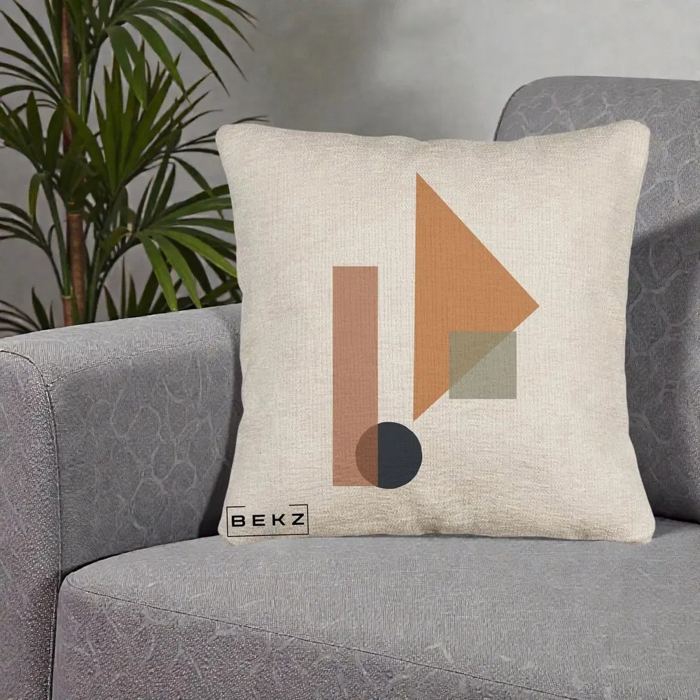 Perna Decorativa Geometric Bauhaus Triunghi, 40x40 cm, Bej Canapea, Husa Detasabila, Perna Inclusa, BEKZ®