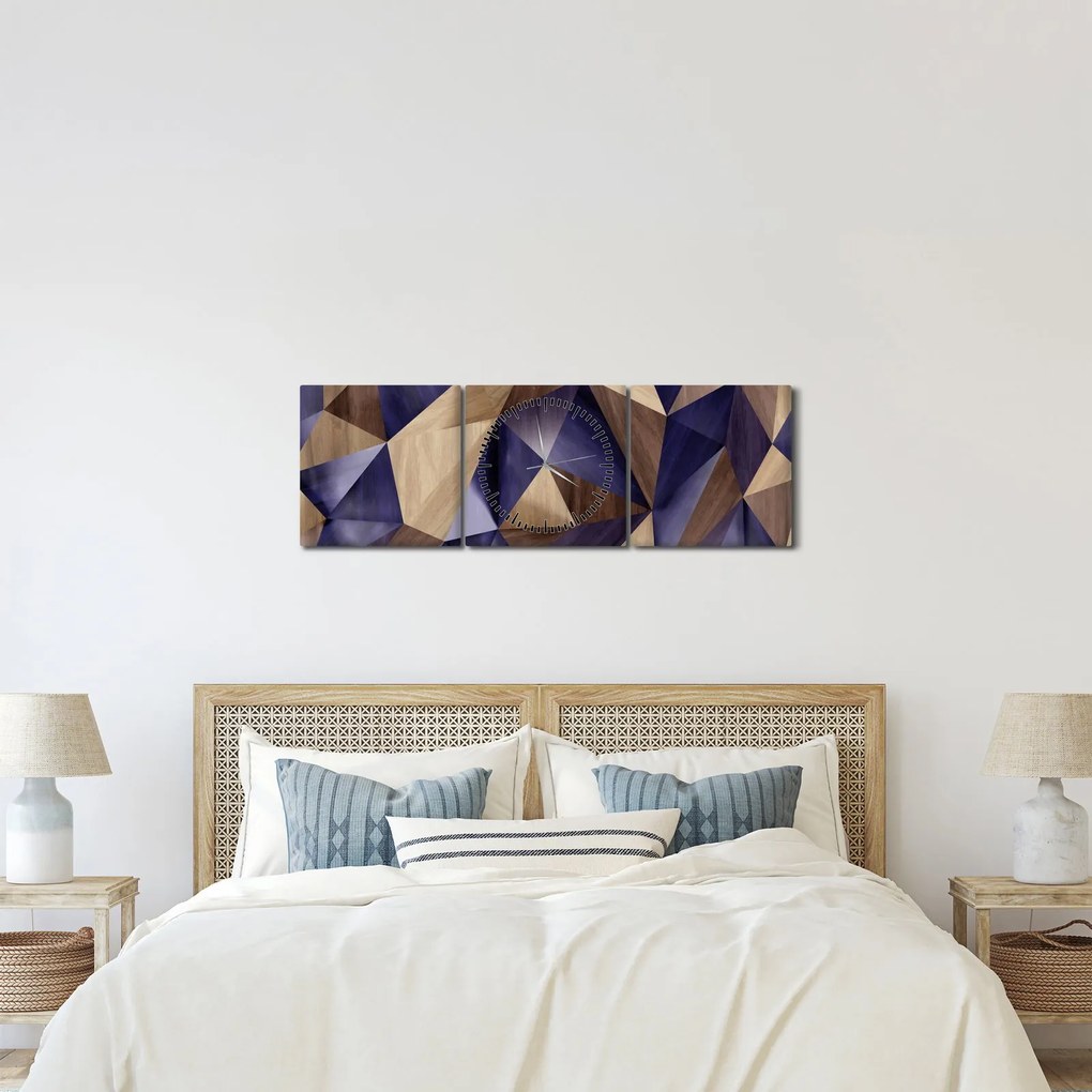 Tablou - 3D triunghiuri de lemn (cu ceas) (90x30 cm)