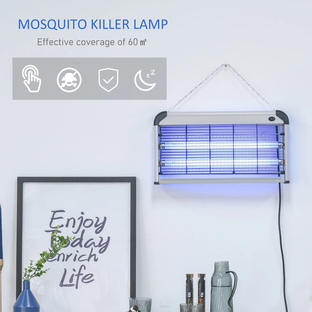 Outsunny Lampă UV Anti-Insecte 30W, Eficientă pentru 60m², Ideală pentru Exterior și Interior, Argintie | Aosom Romania