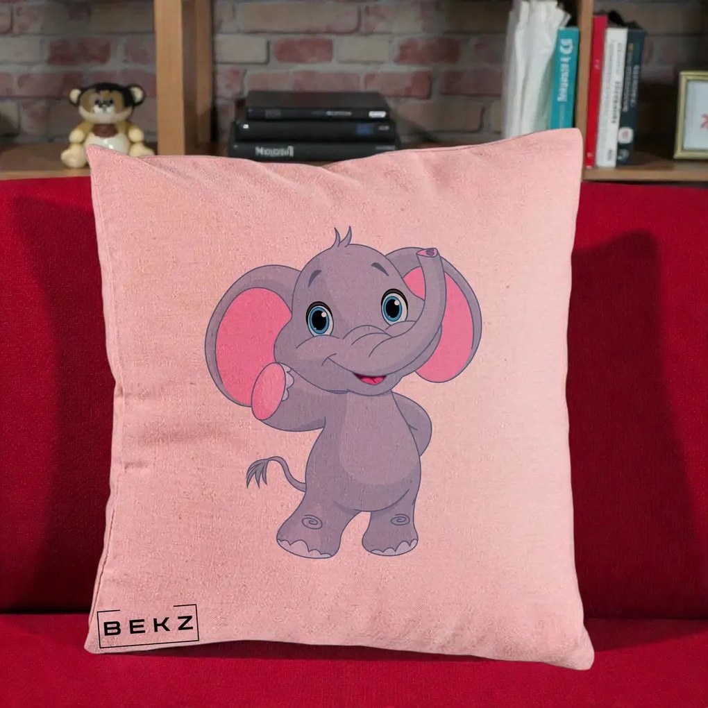 Perna Decorativa Pui de Elefant Kawaii, 40x40 cm, Roz, Husa Detasabila, Perna Inclusa, BEKZ®