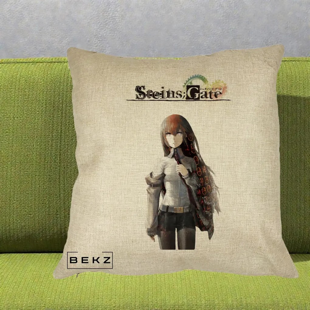 Perna Personalizata Steins Gate Kurisu Makise Anime, 40x40 cm, Crem, Husa Detasabila, Perna Inclusa, BEKZ®